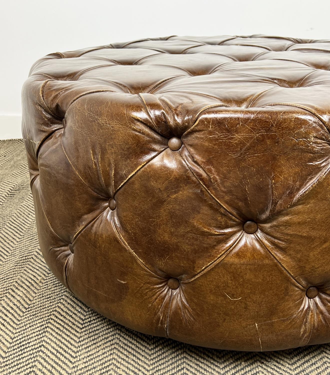 FOOTSTOOL, revolving buttoned hand dyed tanned leather, 55cm H x 98cm diam. - Image 3 of 5