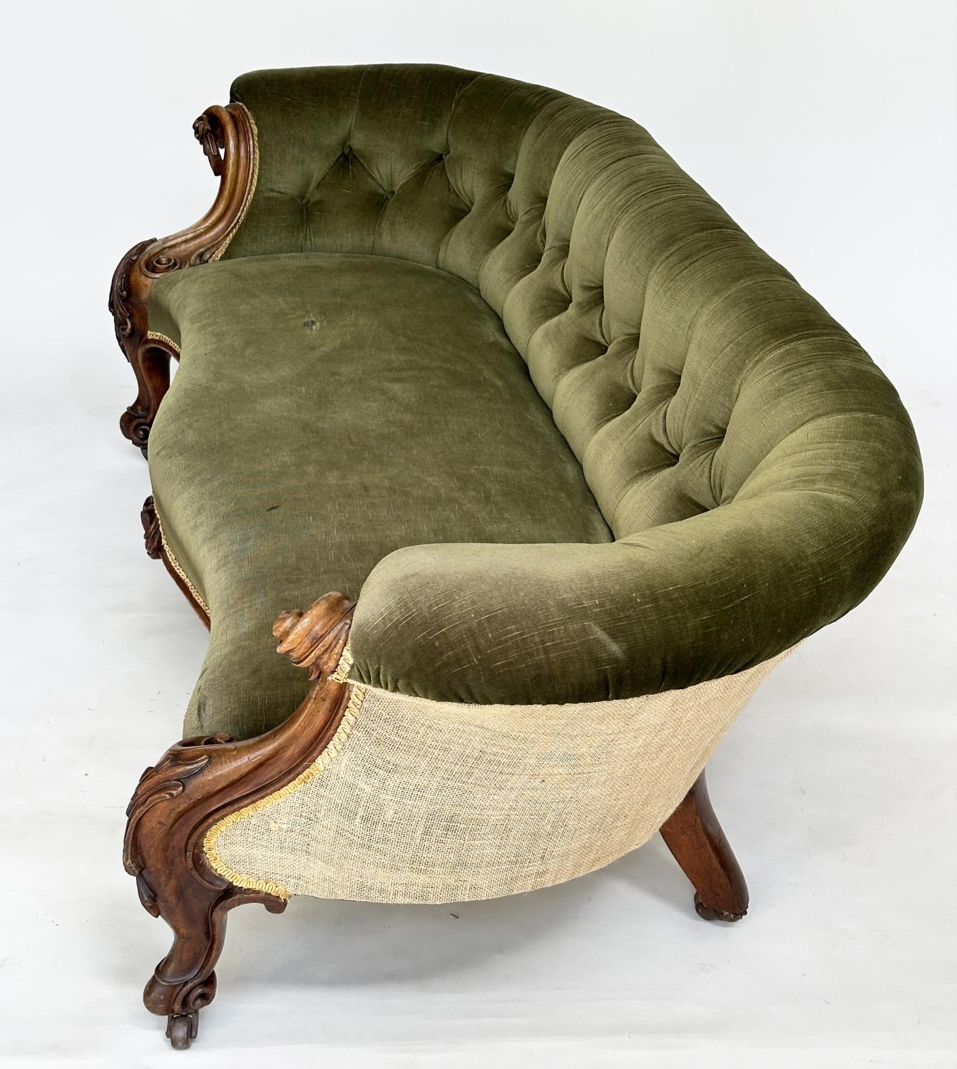 SOFA, Victorian walnut with deep button green velvet upholstery, and carved supports, 198cm W. - Image 7 of 7