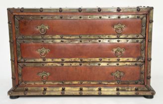 SPANISH STYLE CHEST, vintage leather and brass bound with three drawers and carrying handles, 95cm W