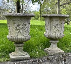 GARDEN URNS, a pair, well weathered reconstituted stone Neo Classical style urns, 36cm x 52cm H. (2)