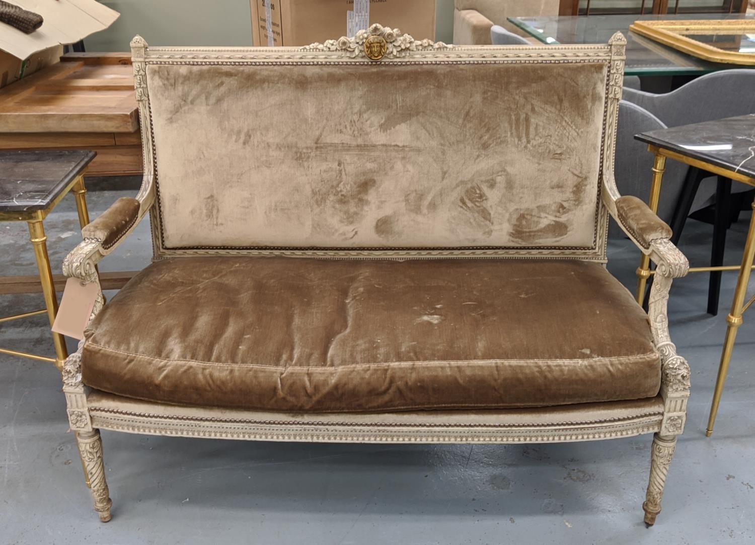 CANAPE, late 19th century French in Louis XVI style, with carved and painted showframe and velvet