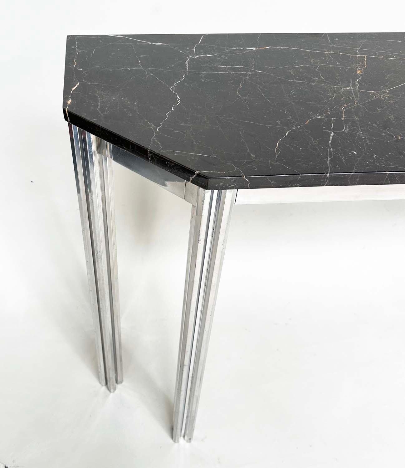 ATTRIBUTED TO ALBRIZZI CONSOLE TABLE, with canted marble and chrome solid cluster column supports, - Image 11 of 13