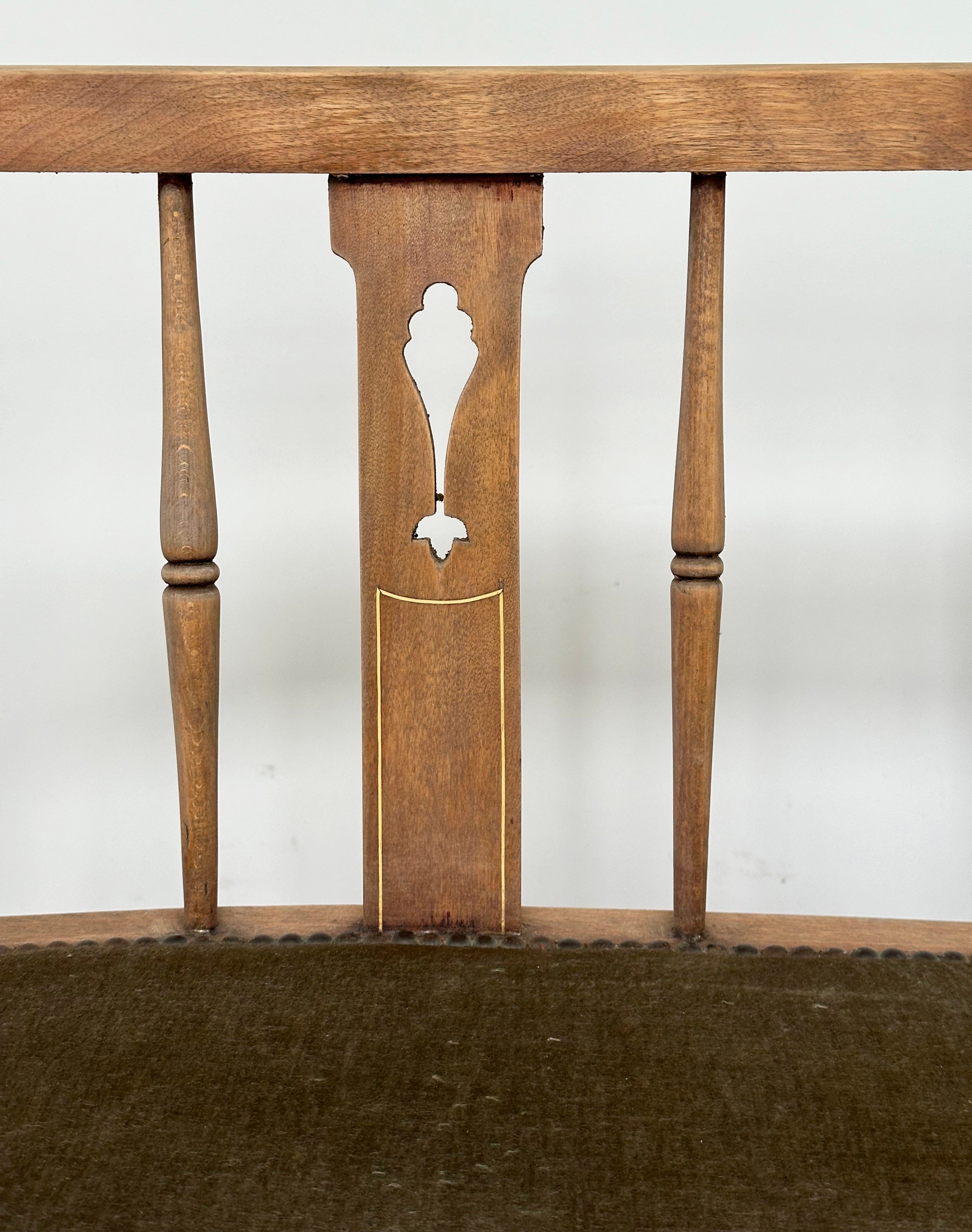 HALL SEAT, Edwardian fruitwood with studded upholstered seat and pierced splat back, 130cm W. - Image 4 of 7
