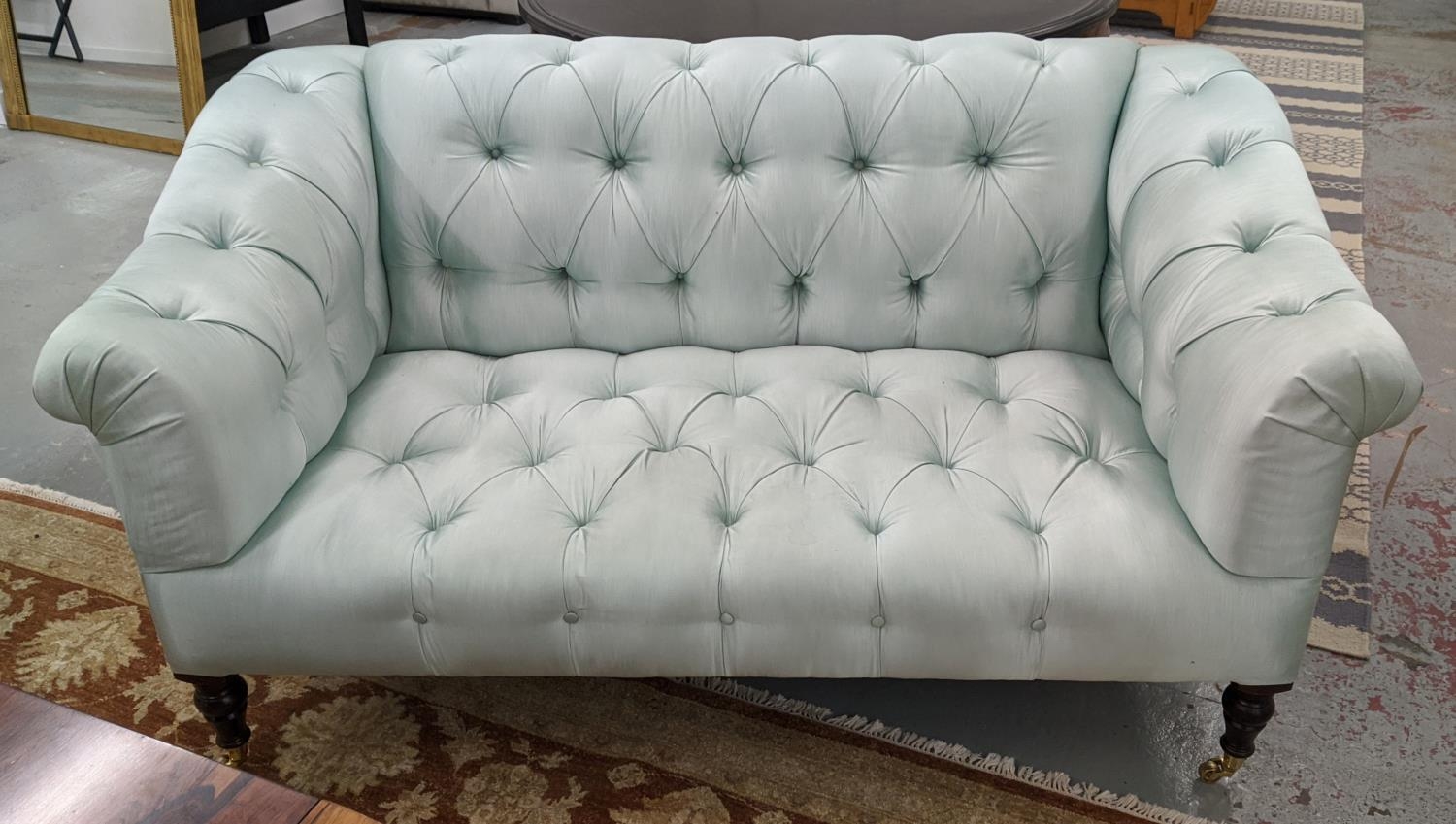 GEORGE SMITH SOFA, two seater, deep buttoned with light turquoise upholstery, 166cm W x 90cm H x - Image 8 of 8