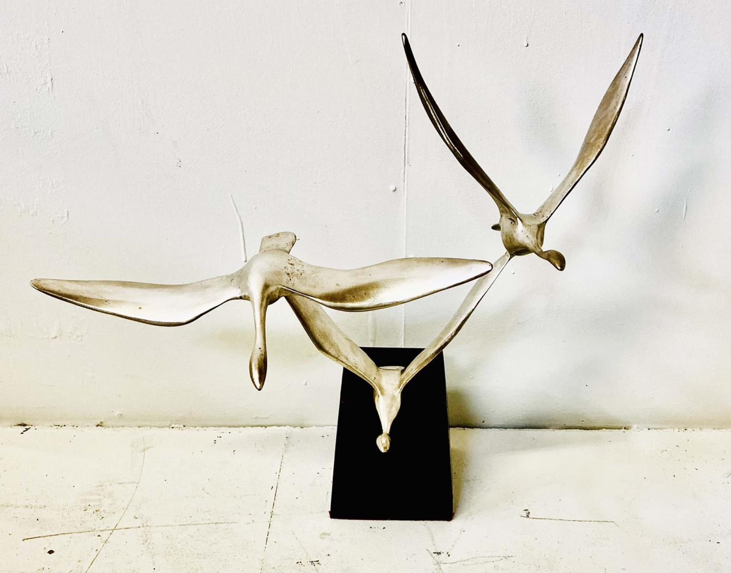 CONTEMPORARY SCHOOL SCULPTURE, silvered bronze of flying birds, 50cm H x 58cm W x 34cm D. - Image 5 of 6