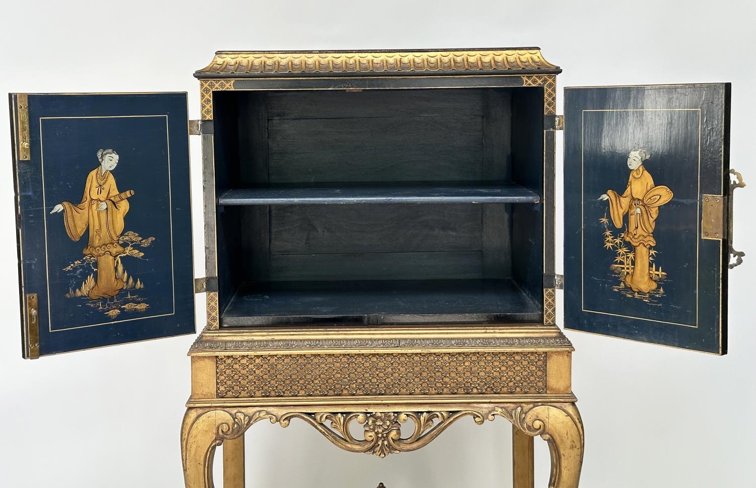 CABINET ON STAND, early 20th century English lacquered and gilt chinoiserie decorated, silvered - Image 7 of 11