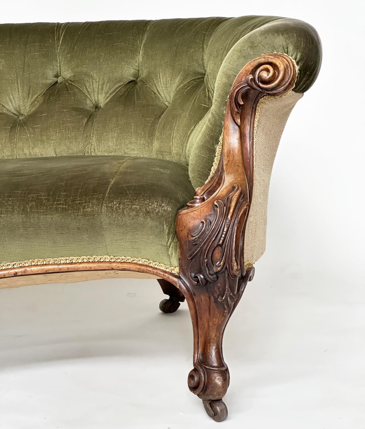 SOFA, Victorian walnut with deep button green velvet upholstery, and carved supports, 198cm W. - Image 2 of 7