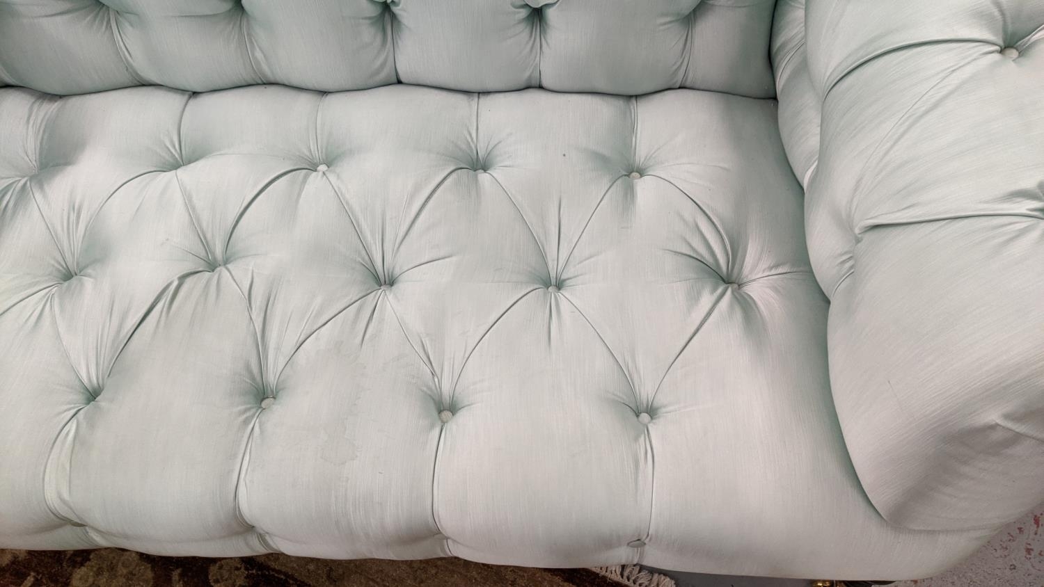 GEORGE SMITH SOFA, two seater, deep buttoned with light turquoise upholstery, 166cm W x 90cm H x - Image 4 of 8