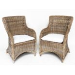 ORANGERY ARMCHAIRS, a pair, rattan framed and cane bound with cushions. (2)
