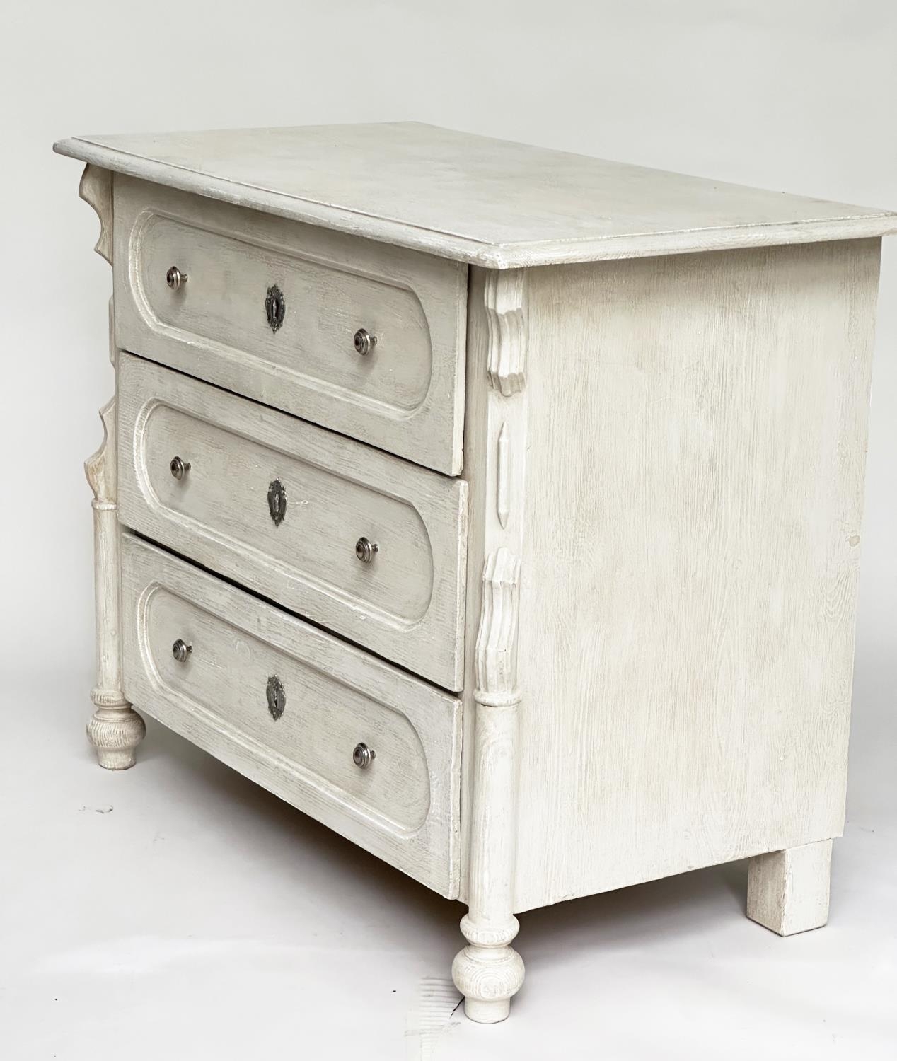 COMMODE, 19th century French traditionally grey painted with three long drawers and turned supports, - Image 9 of 10