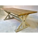 FARMHOUSE STYLE DINING TABLE, cedar wood planked top over distressed painted x-frame base, 214cm L x