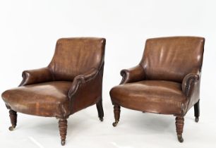ARMCHAIRS, a pair, Victorian walnut soft natural antique tan leather and brass studded upholstered