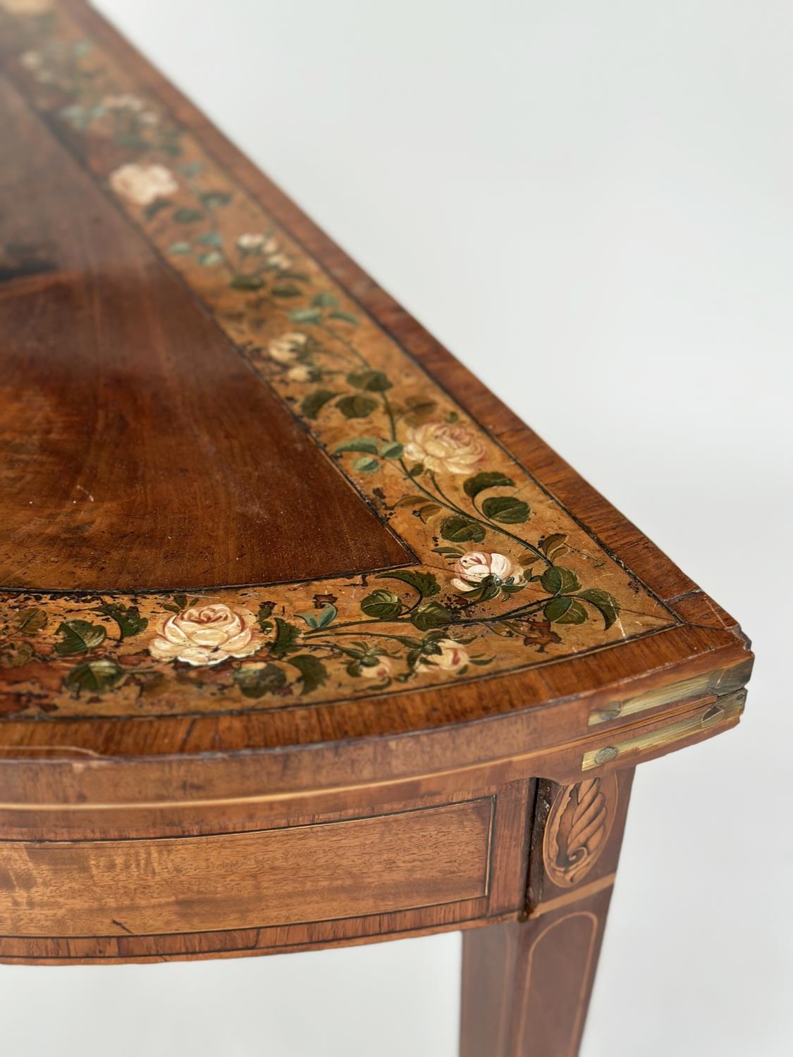 CARD TABLE, George III flame mahogany demi lune polychrome floral painted satinwood crossbanded, - Image 9 of 14
