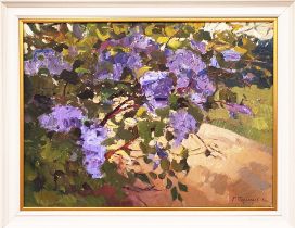 ROMAN PODOBEDOV (1920-2000), 'Lilac blooming' 1960, oil on board, 58cm x 79cm.