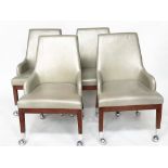 DINING CHAIRS, a set of four, stitched grey leather, oak framed with chromium ball castors by