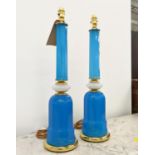 CENEDESE MURANO GLASS TABLE LAMPS, a pair, vintage blue and white opaline glass, gilt metal bases,