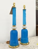 CENEDESE MURANO GLASS TABLE LAMPS, a pair, vintage blue and white opaline glass, gilt metal bases,