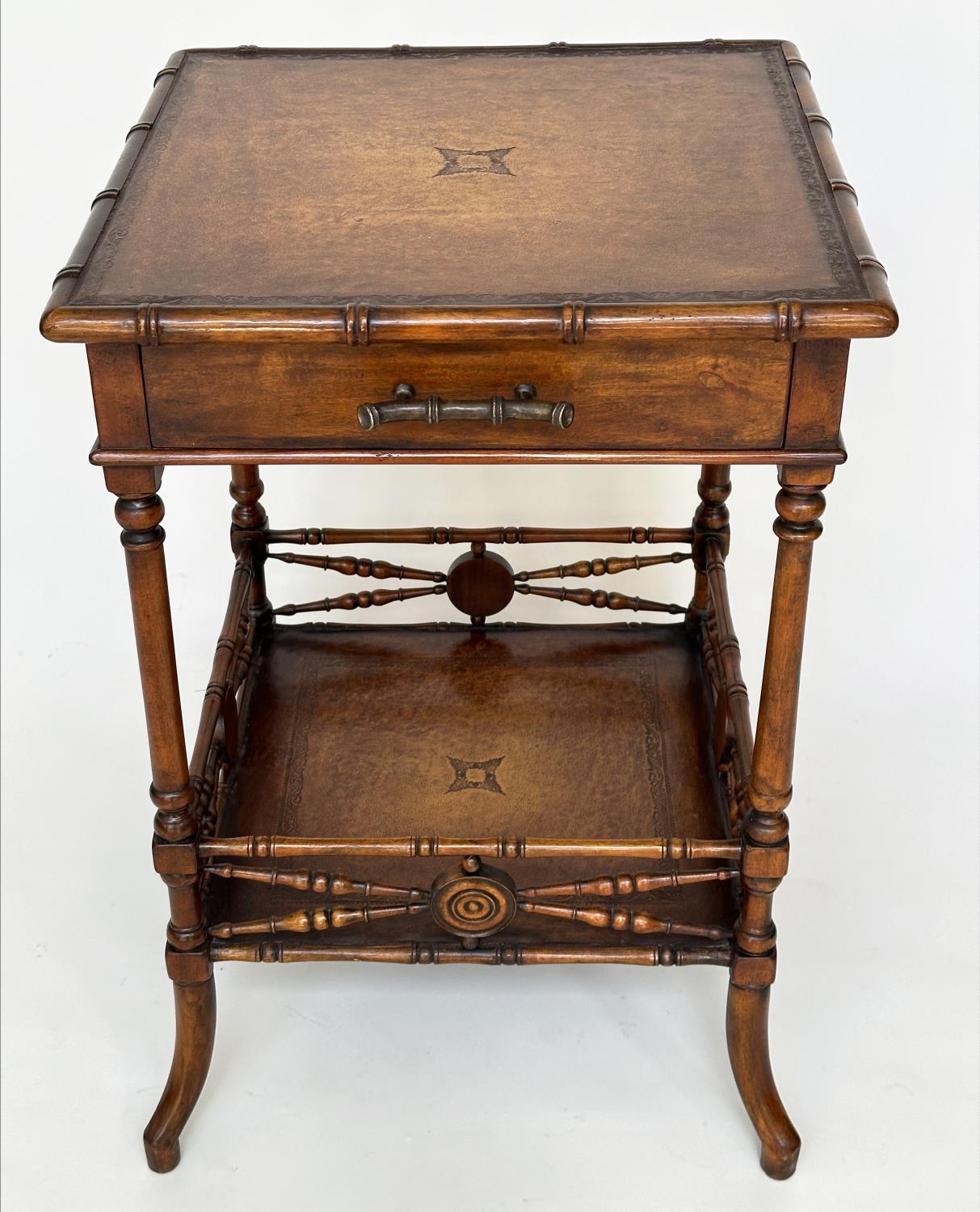THEODORE ALEXANDER LAMP TABLES, a pair, Regency style, tooled leather faux bamboo and turned - Image 5 of 11