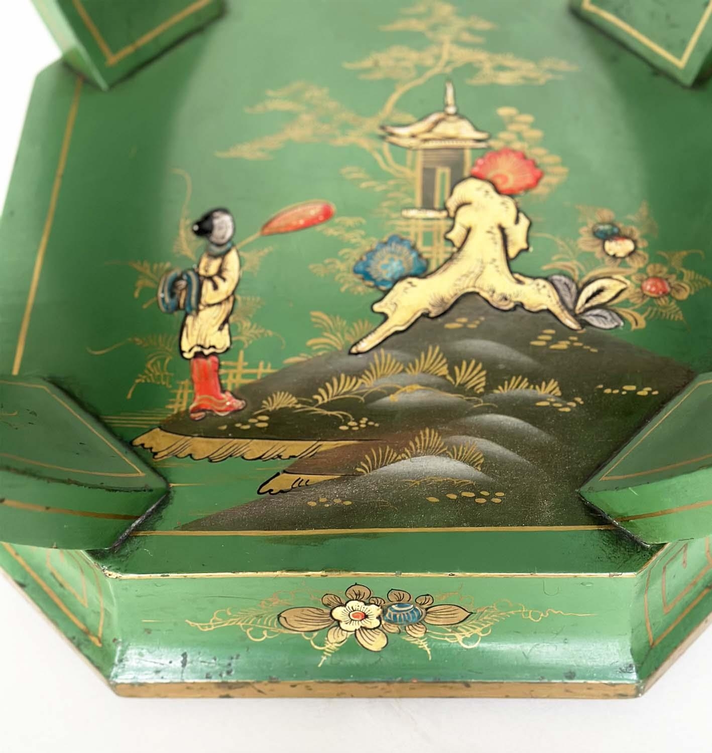 OCCASIONAL TABLES, a pair, Art Deco period green polychrome and gilt Chinoiserie decorated each - Image 9 of 12