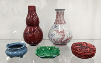 CHINESE COPPER RED DRAGON BOTTLE VASE, along with a cinnabar lacquer paste box, double gourd vase, a