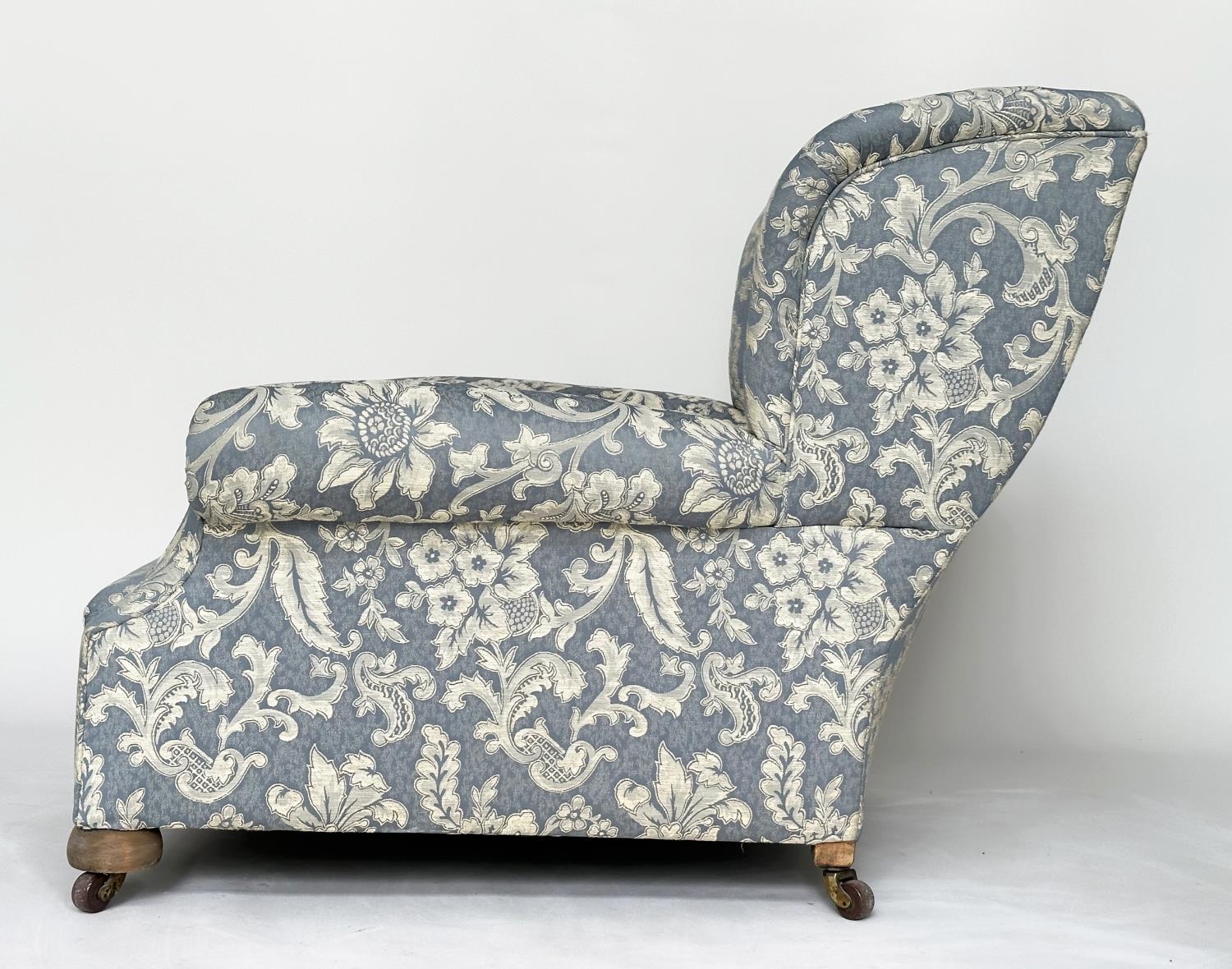 WING ARMCHAIR, Victorian Howard style with blue and white pleated upholstery on bun supports, 87cm H - Image 7 of 7
