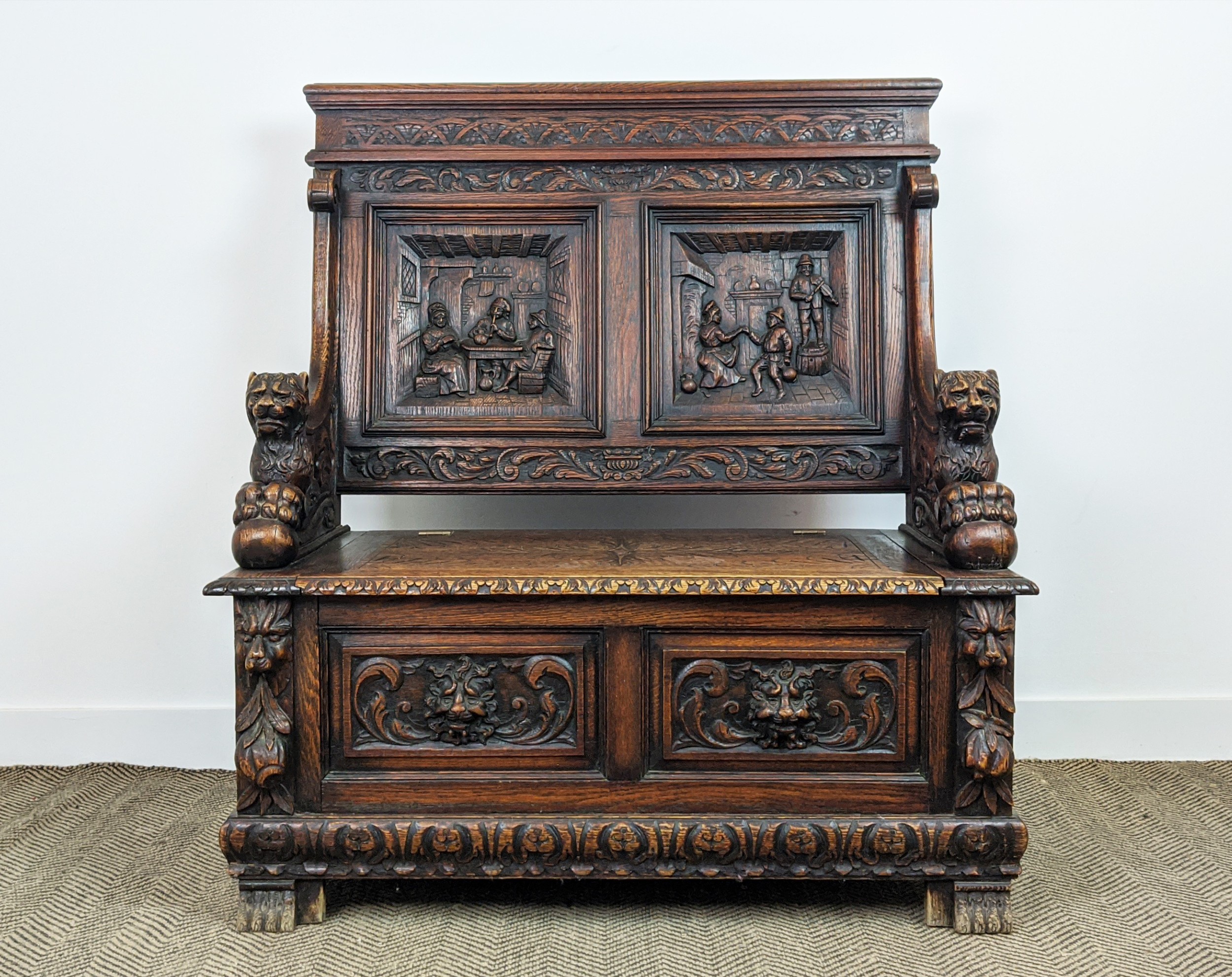 SETTLE, early 20th century Jacobean style oak with lion carved arms and hinged seat, 122cm H x - Image 3 of 12