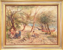 20TH CENTURY ITALIAN SCHOOL, 'Coastal scene with figures', oil on canvas, indistinctly signed,