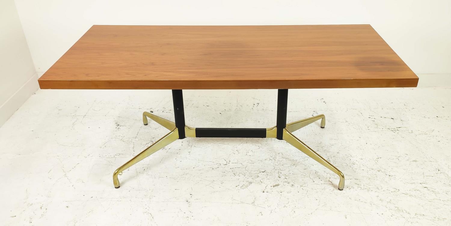 CHARLES AND RAY EAMES STYLE DINING TABLE, rectangular form, raised on a black metal and brass twin - Image 7 of 11