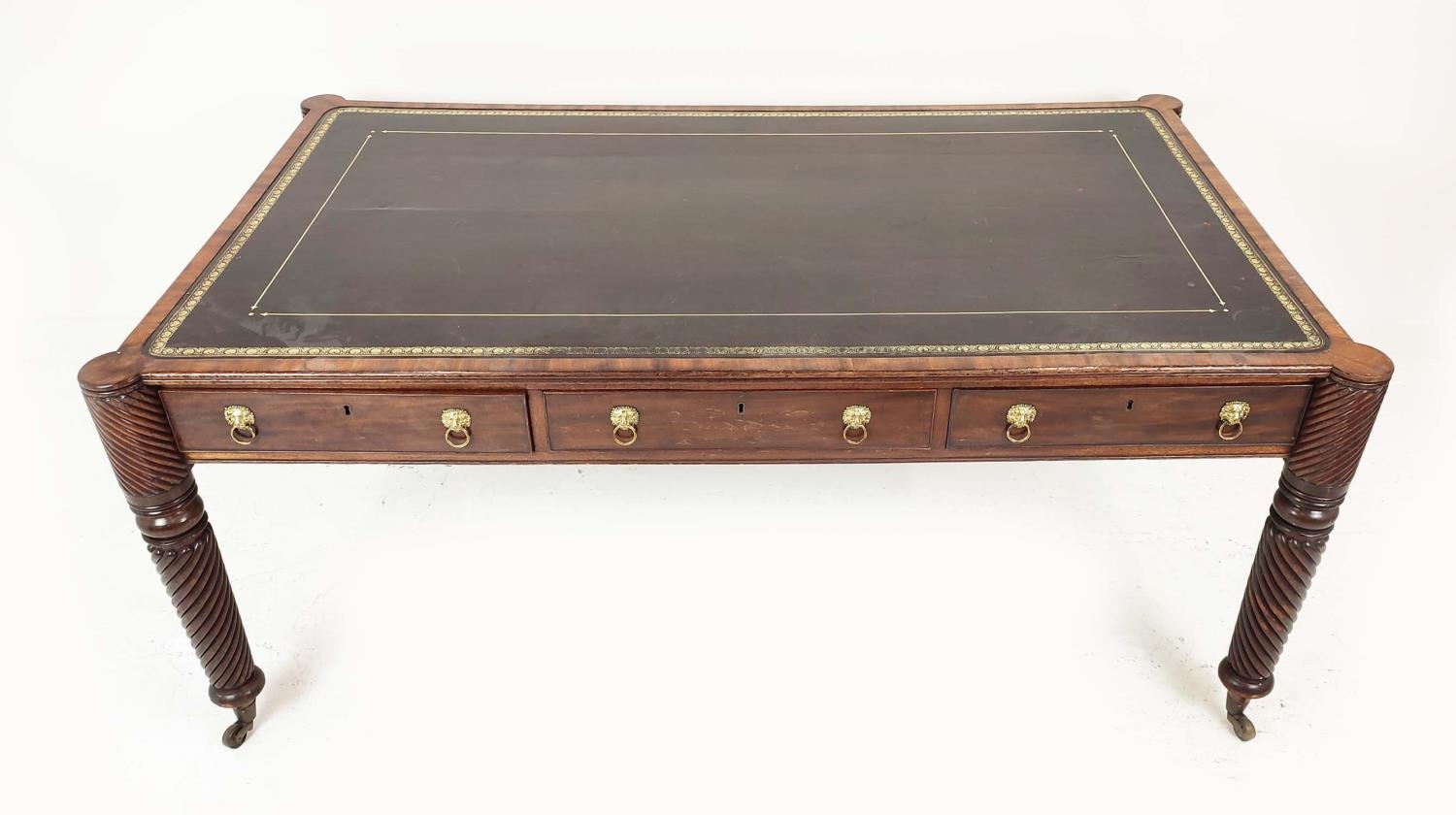 LIBRARY TABLE, Regency mahogany with three drawers to each side, inset tooled leather writing - Image 10 of 13