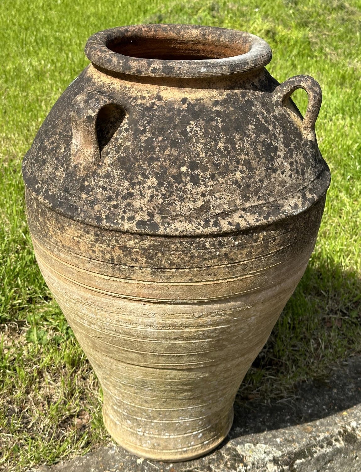 GARDEN AMPHORA, well weathered terracotta with loop handles and incised detail, 73cm H. - Image 5 of 8