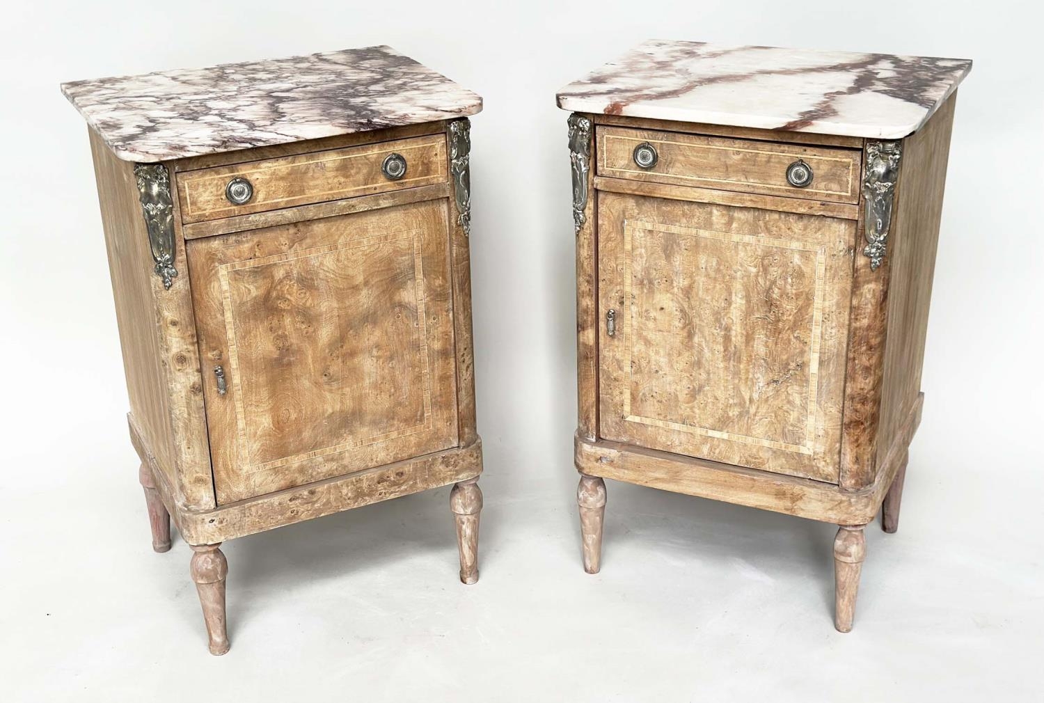 TABLES DE NUIT, a pair, 19th century French walnut and silvered metal mounted each with breche - Image 3 of 9