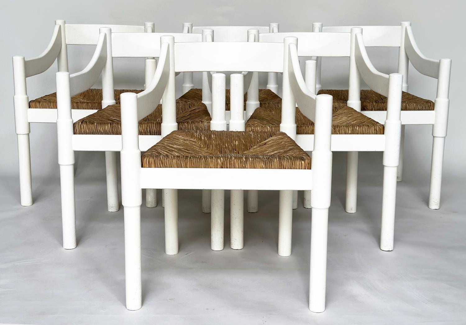 ATTRIBUTED TO VICO MAGISTRETTI CARIMATE CHAIRS, a set of six, white with rush seats. (6) - Image 2 of 13