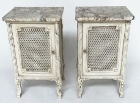 TABLES DE NUIT, a pair, French traditional style grey painted, each with cane panelled door,