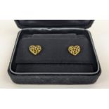 A PAIR OF TIFFANY 18CT GOLD STUD EARRINGS, in the form of hearts with pierced foliage design,