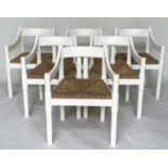ATTRIBUTED TO VICO MAGISTRETTI CARIMATE CHAIRS, a set of six, white with rush seats. (6)