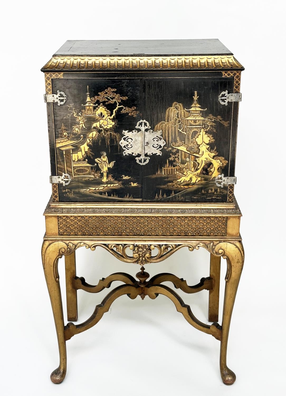 CABINET ON STAND, early 20th century English lacquered and gilt chinoiserie decorated, silvered