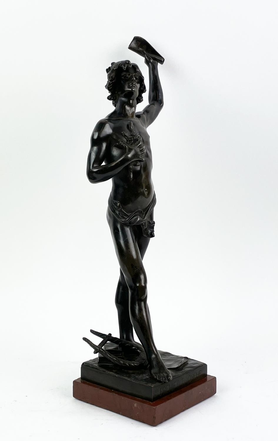 BRONZE FIGURE, ANGLES CANE (1859-1911), 'Premier triumphe', mounted on a rouge marble plinth base, - Image 2 of 8