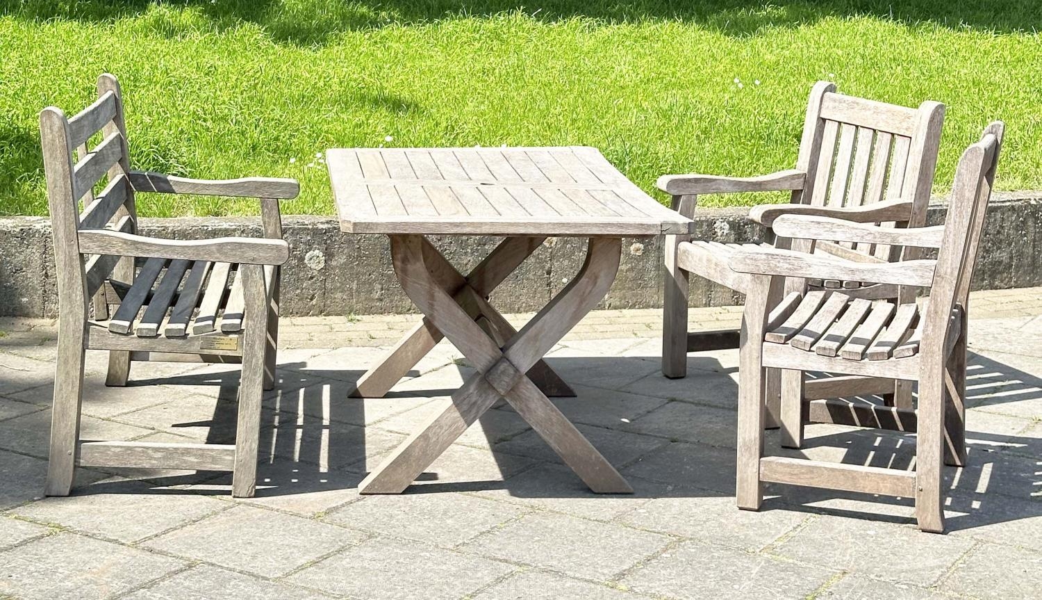 GARDEN SET BY WOODFERN, well weathered teak with substantial X frame table, 72cm H x 152cm W x - Image 3 of 22