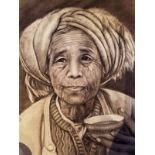 BURMESE SCHOOL, 'Old lady with tea bowl', charcoal on paper, 54cm x 32cm, framed.