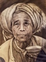 BURMESE SCHOOL, 'Old lady with tea bowl', charcoal on paper, 54cm x 32cm, framed.
