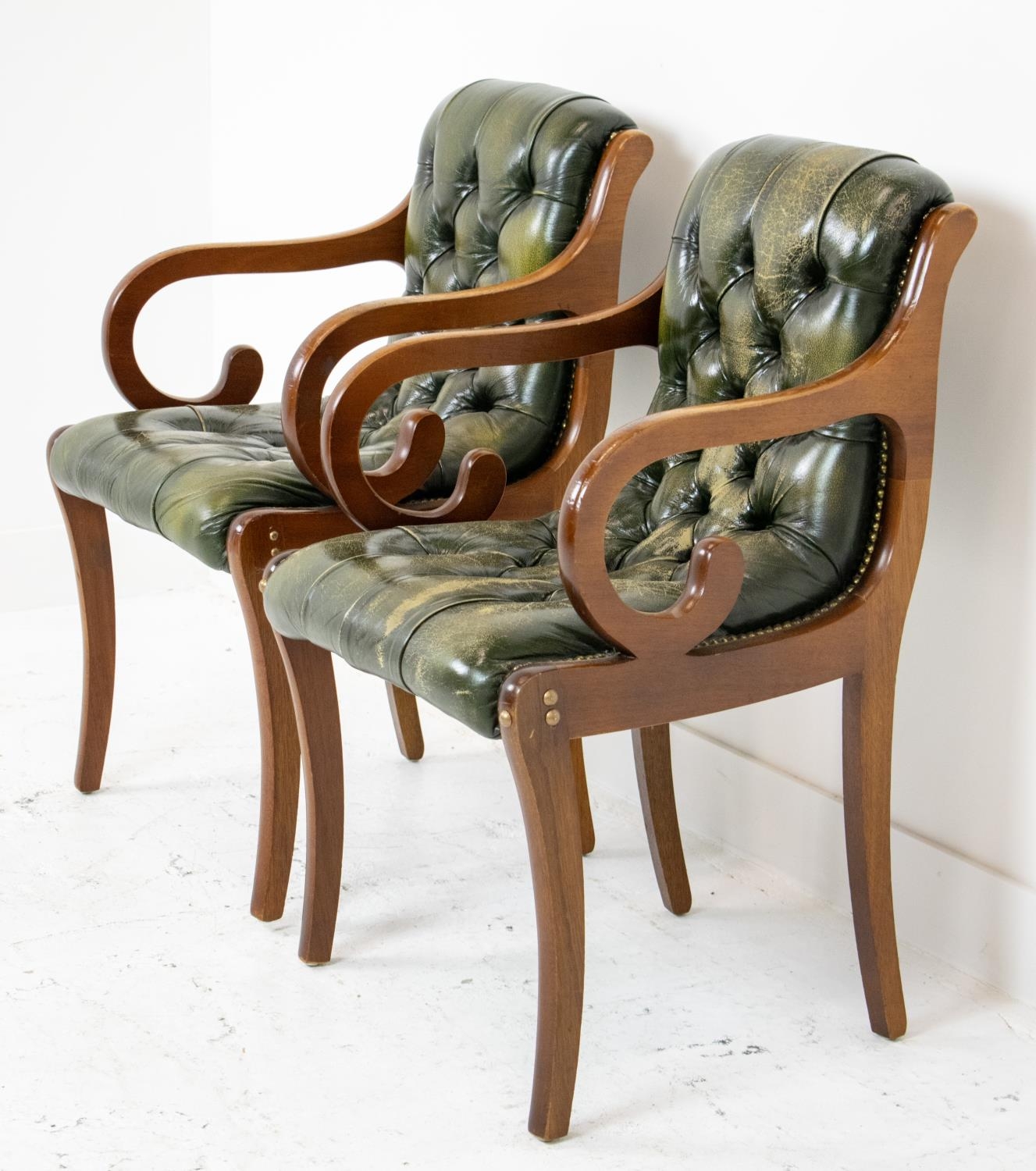 ARMCHAIRS, a pair, Regency style mahogany and buttoned green leather, 86cm H x 52cm. (2) - Image 4 of 6