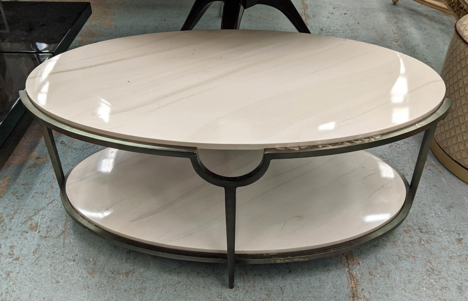 LOW TABLE, 116cm x 65cm x 50cm, two faux marble tiers, metal frame.