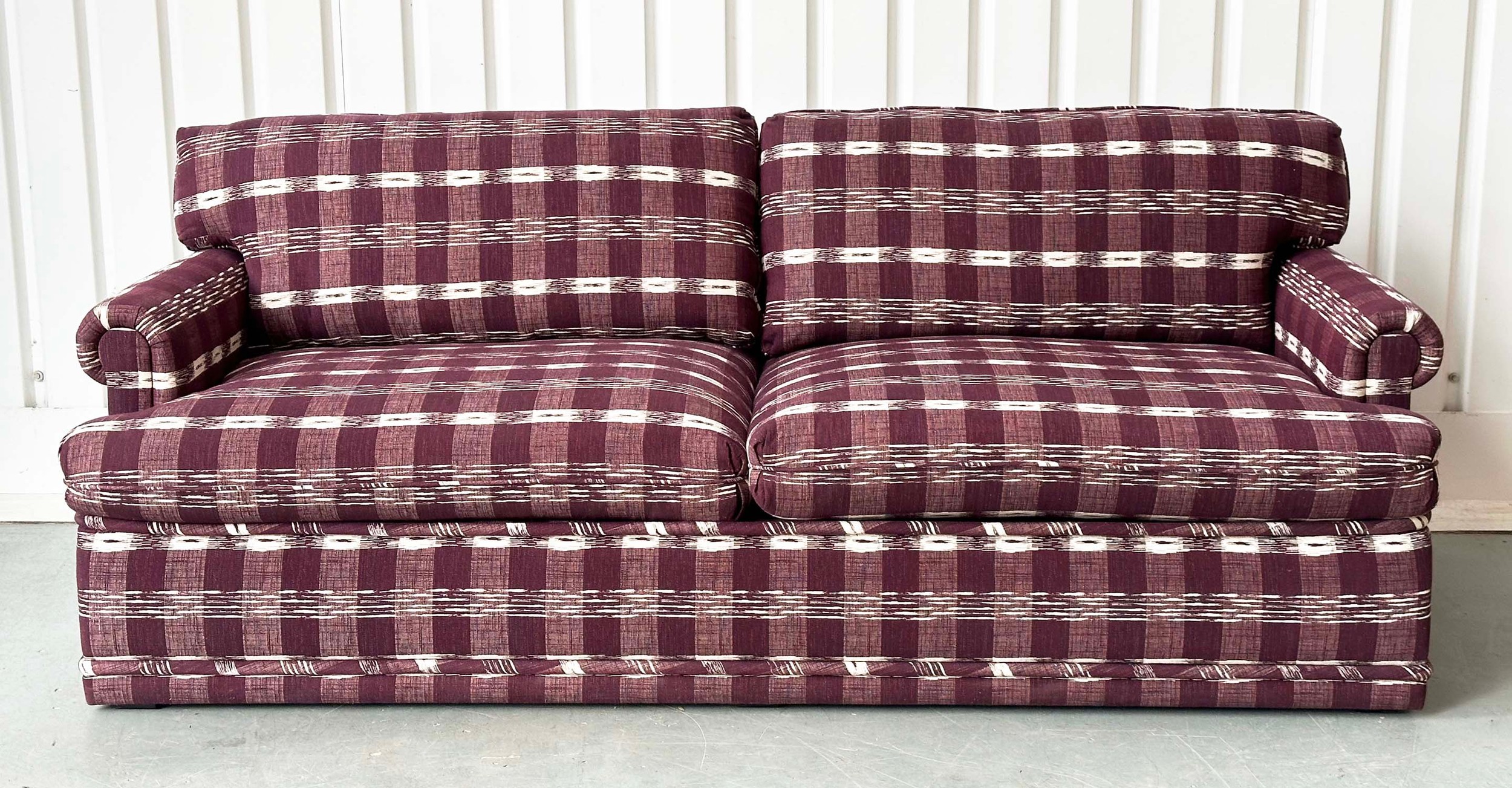 SOFA, Swedish check purple/white upholstery with scroll arms, 203cm W. - Image 2 of 18