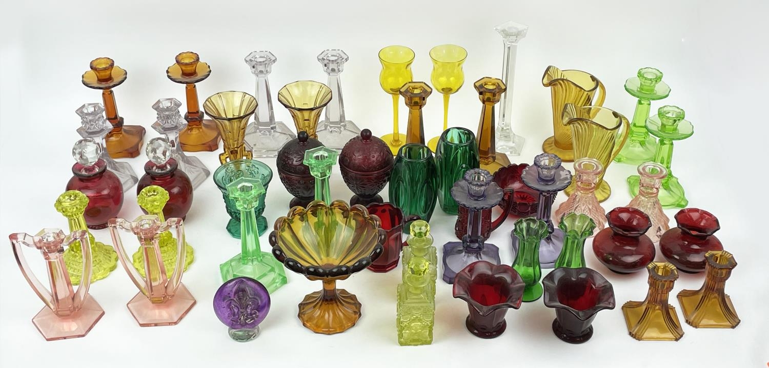 QUANTITY OF URANIUM GLASS, various items including pairs of candlesticks, jugs, lidded vases, - Image 2 of 12