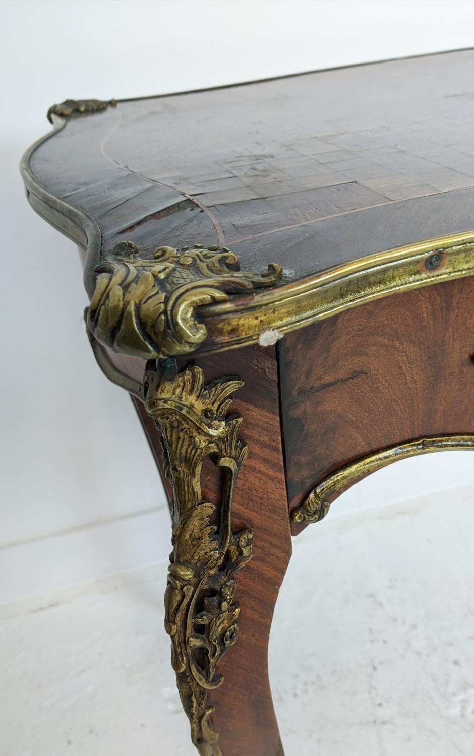 BUREAU PLAT, circa 1880, Louis XV style, French parquetry with ormolu mounts single long drawer - Image 10 of 22