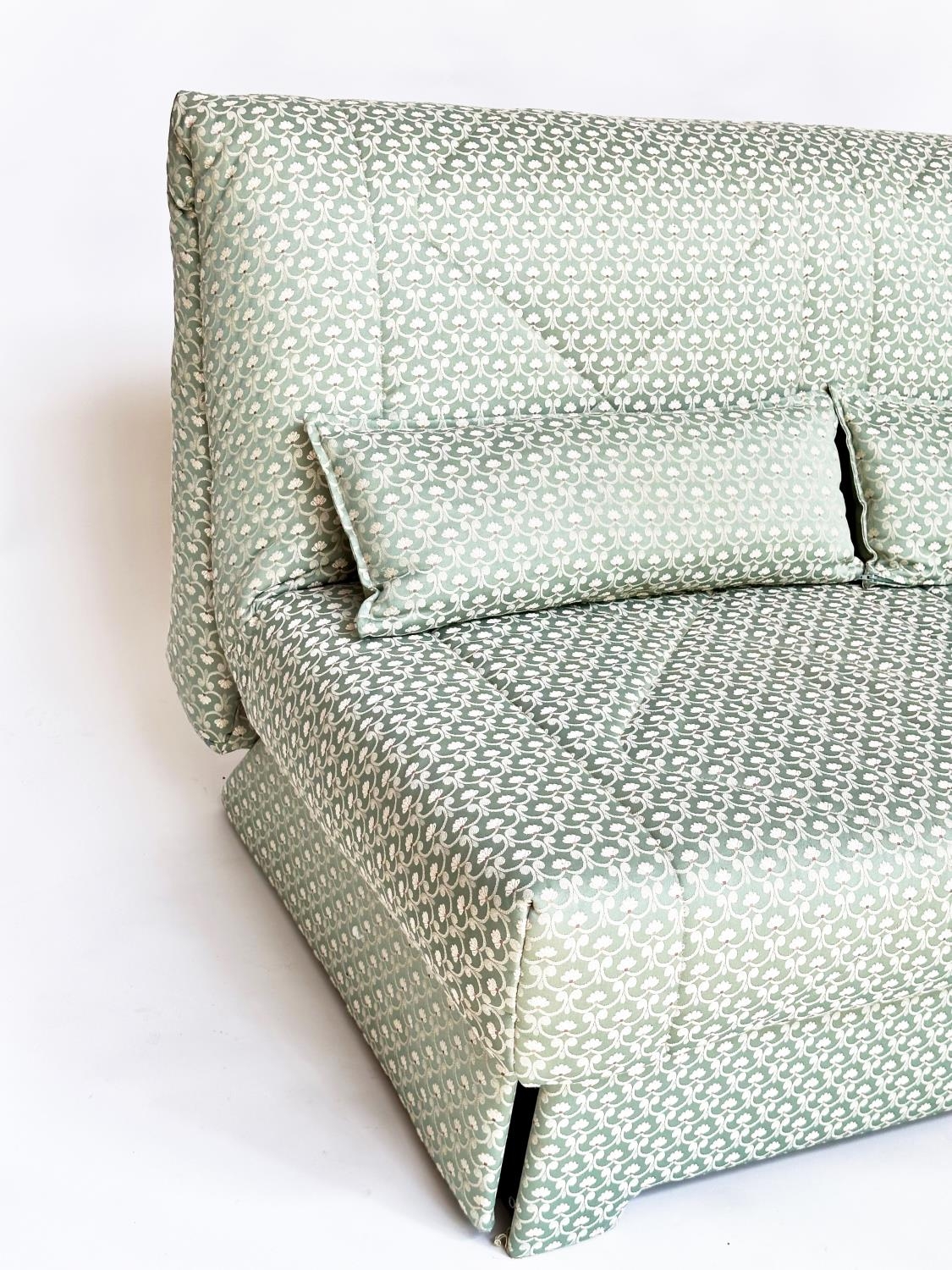 SOFA BED, geometric print upholstered with cushion, transferring to bed, 142cm W (180cm extended). - Image 3 of 8