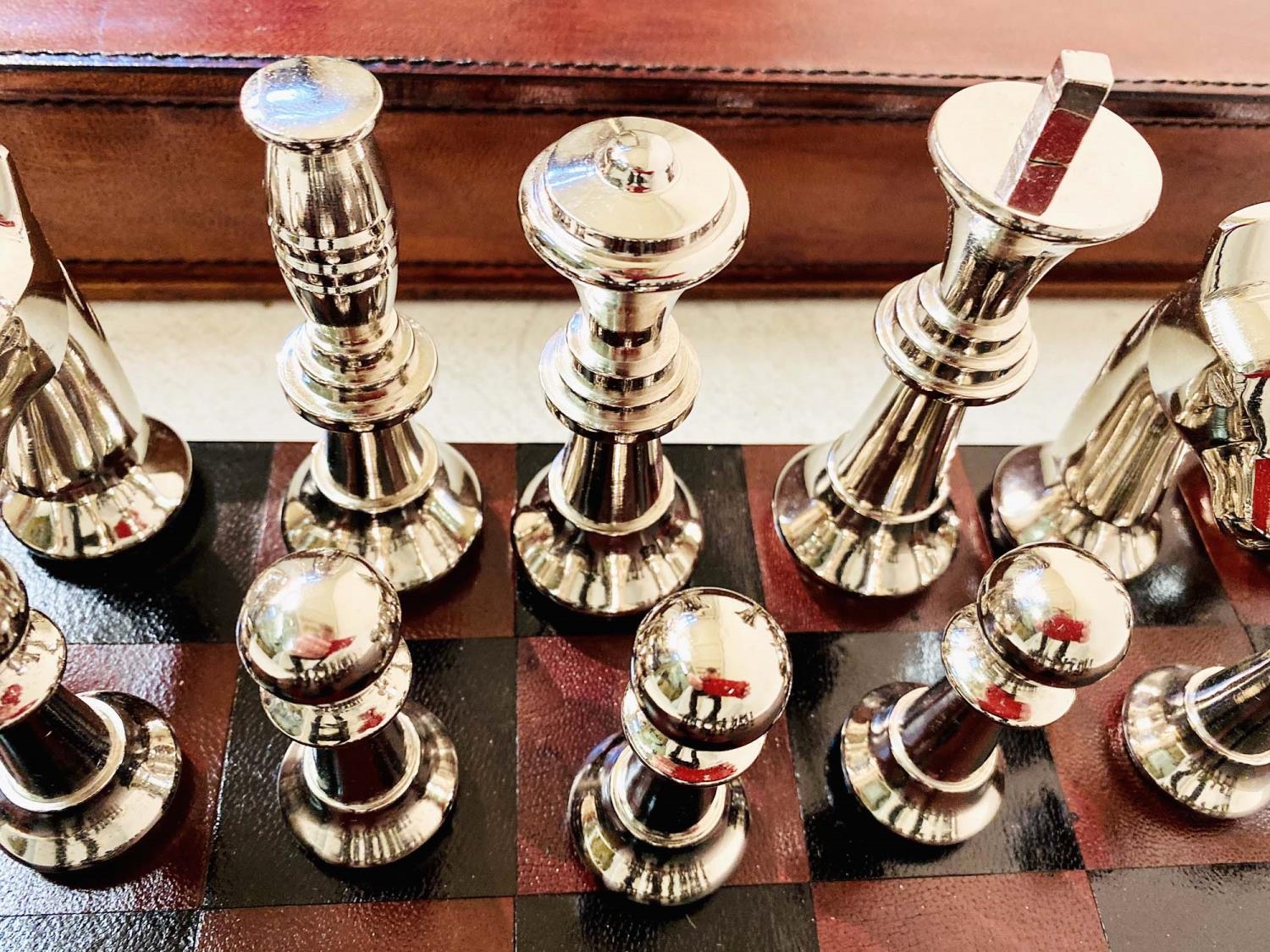 CHESS SET, IN LEATHERED CASE, 7cm x 43cm x 41cm. - Image 3 of 4