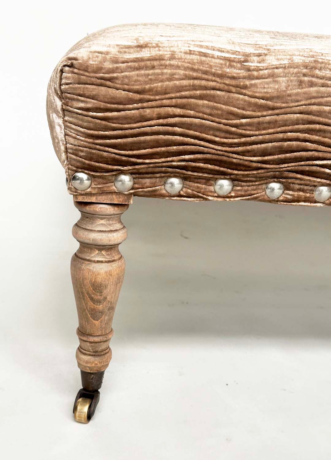 HEARTH STOOL, period style coffee corded brass studded velvet, with limed oak turned supports, 102cm - Image 8 of 14