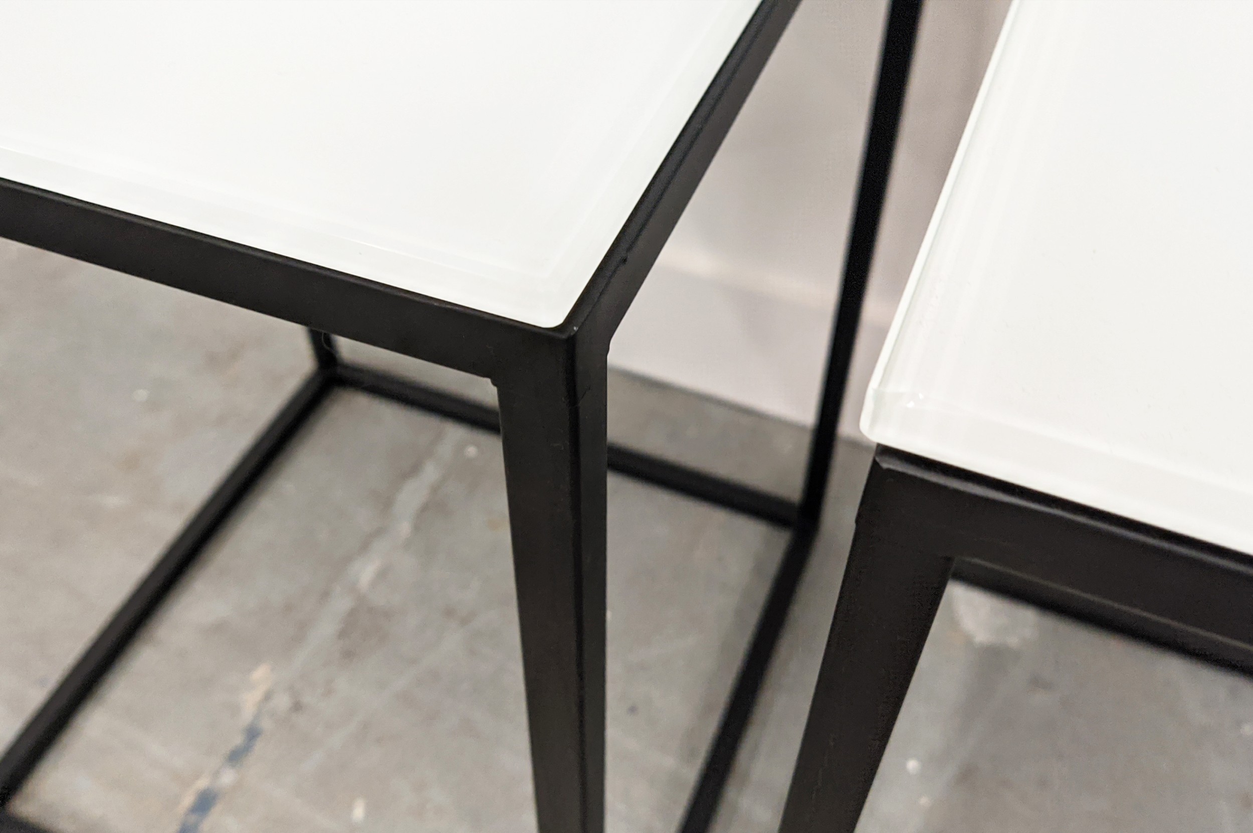 SIDE TABLES, a pair, 40cm x 40cm x 55cm, frosted glass tops, on black painted metal supports. (2) - Bild 4 aus 5
