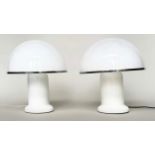 MUSHROOM LAMPS, a pair, opaque plexiglass shade and white body, 43cm H. (2)